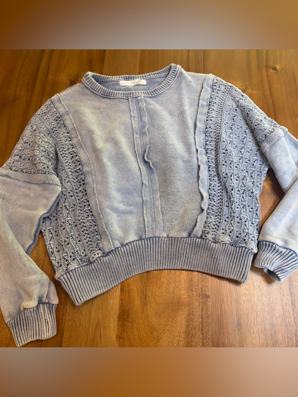 Altar'd State Blue Mixed Media Crochet Sweatshirt Sweater XS Boho Slouchy